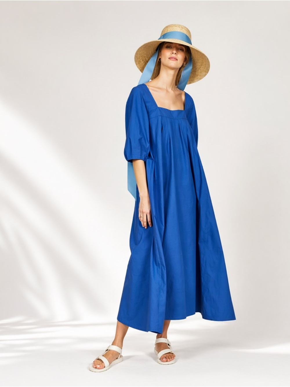 Hunter Bell Blue Midi Dress XS Square Neck Puff Sleeve Cotton